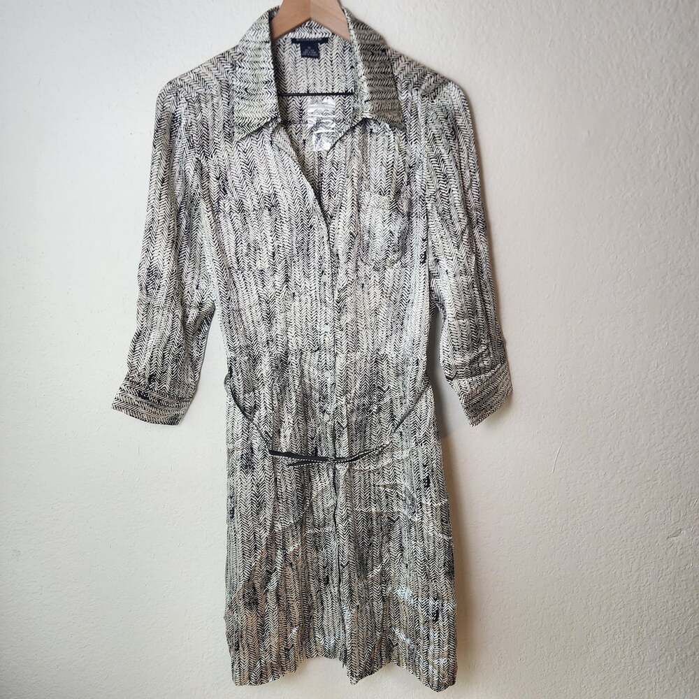 Boston Proper Dress Womens 12 Black White Silk Chevron Belted Shirt Dress